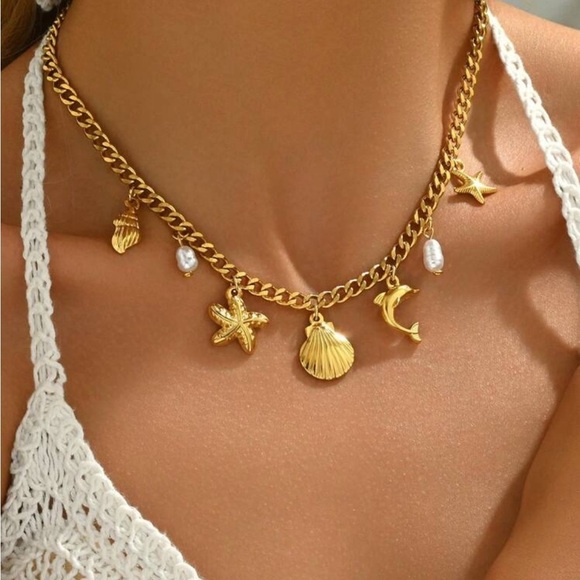 18K Gold Plated Ocean Charm Necklace - Gold Jewelry - Picture 1 of 5